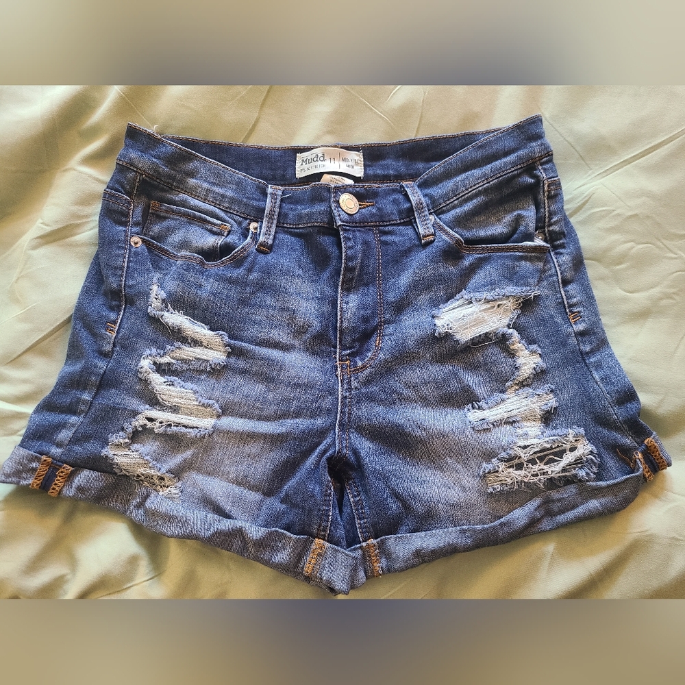 Mudd Distressed Mid-Rise Midi Blue Denim Shorts